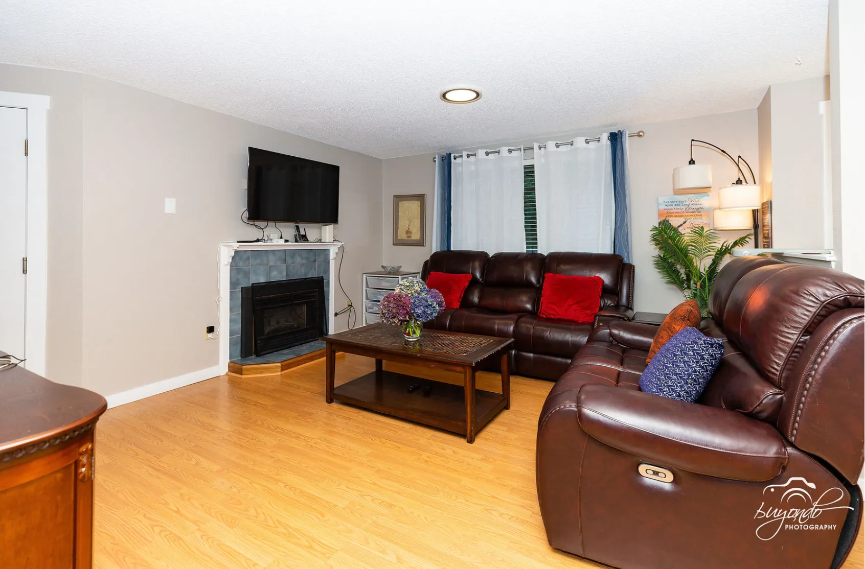 Living room with sofas and a fireplace